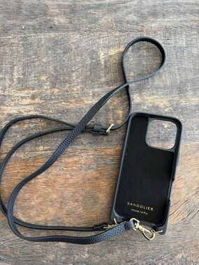 Bandolier Black Leather Crossbody Phone Case with Gold Hardware